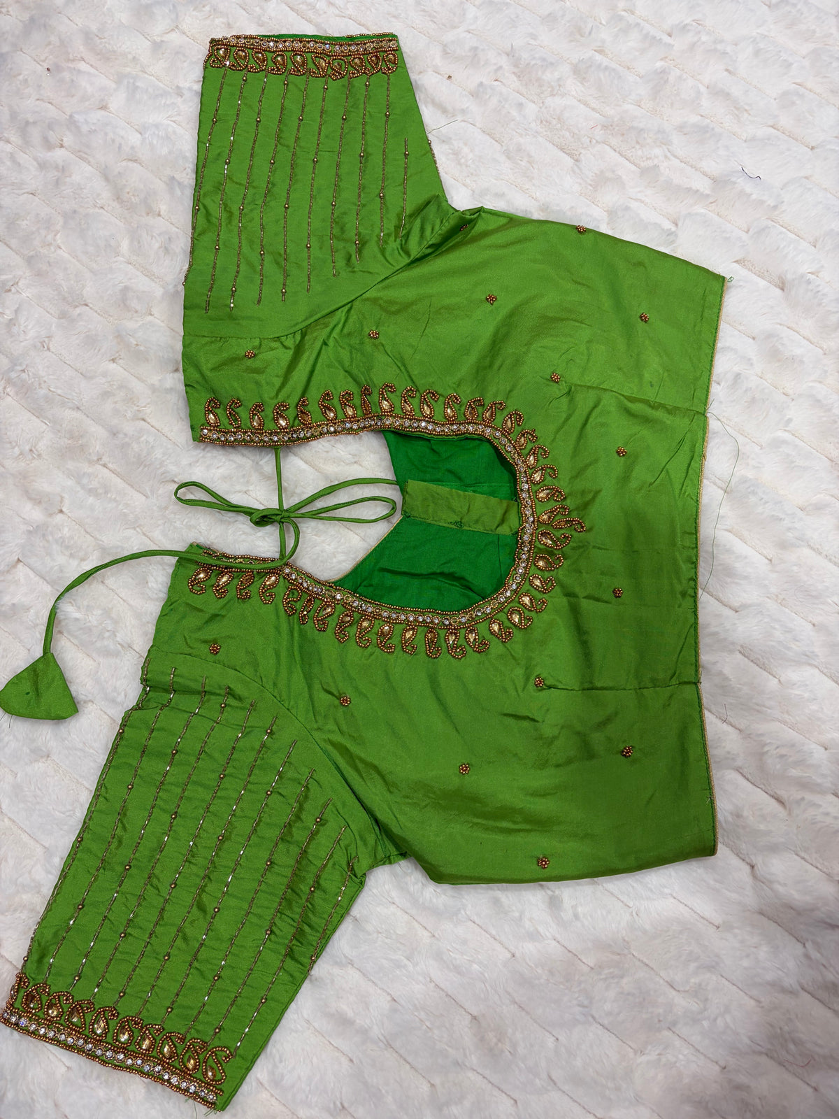 Parrot Green Boutique Stitched Stripe Embroidery Saree Blouse