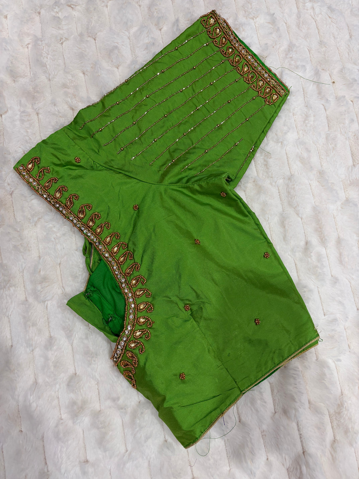 Parrot Green Boutique Stitched Stripe Embroidery Saree Blouse