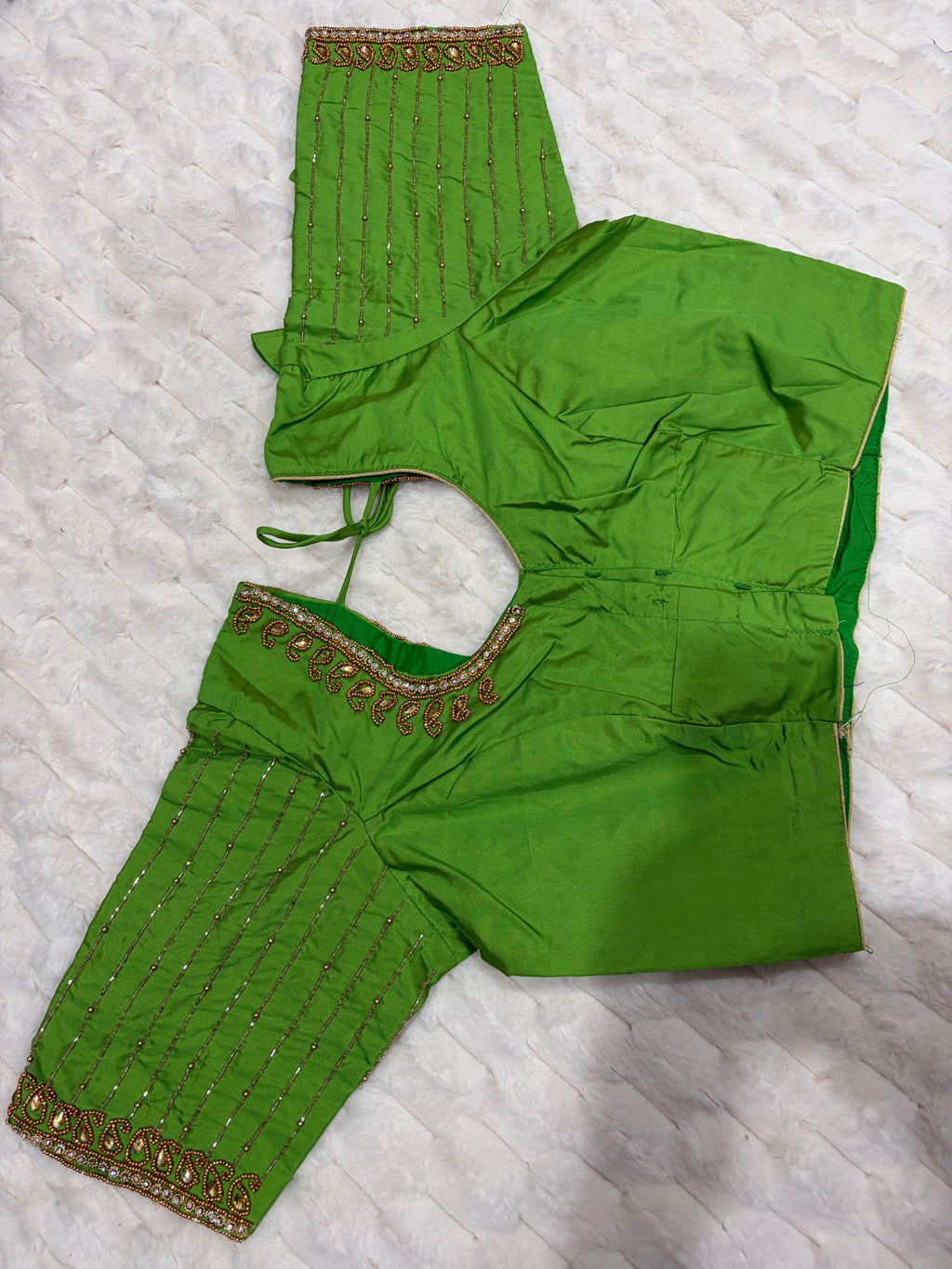 Parrot Green Boutique Stitched Stripe Embroidery Saree Blouse