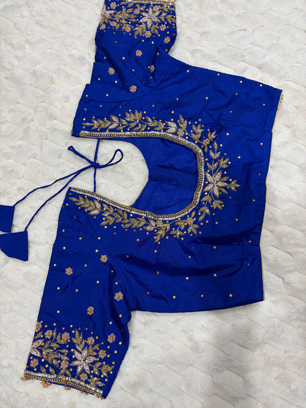Royal Blue Boutique Stitched Floral Maggam Work Saree Blouse - Front View
