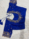 Royal Blue Boutique Stitched Floral Maggam Work Saree Blouse - Front View