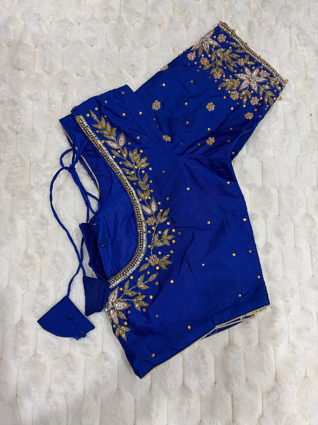 Royal Blue Boutique Stitched Floral Maggam Work Saree Blouse - Side View