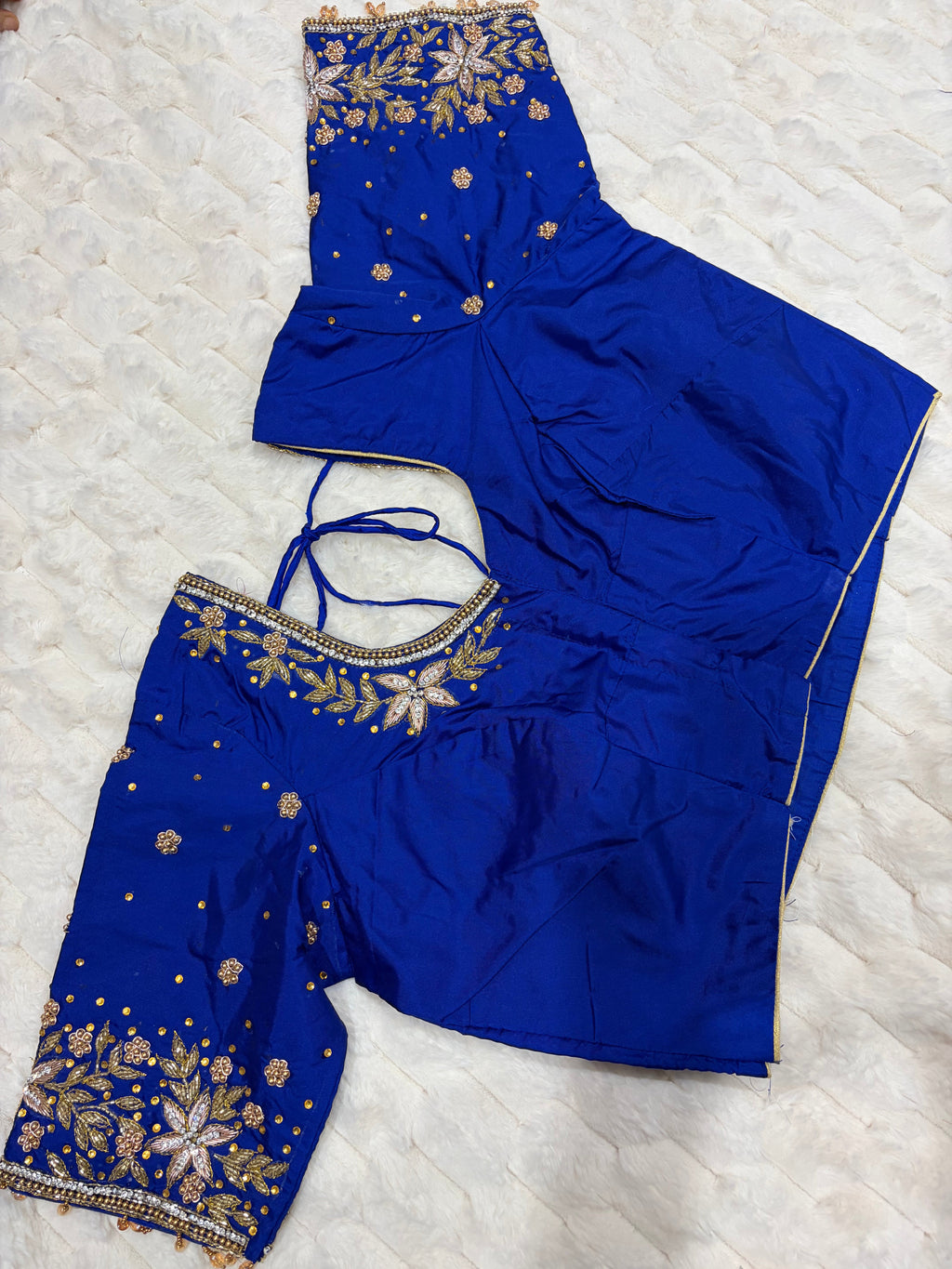 Royal Blue Boutique Stitched Floral Maggam Work Saree Blouse - Back View