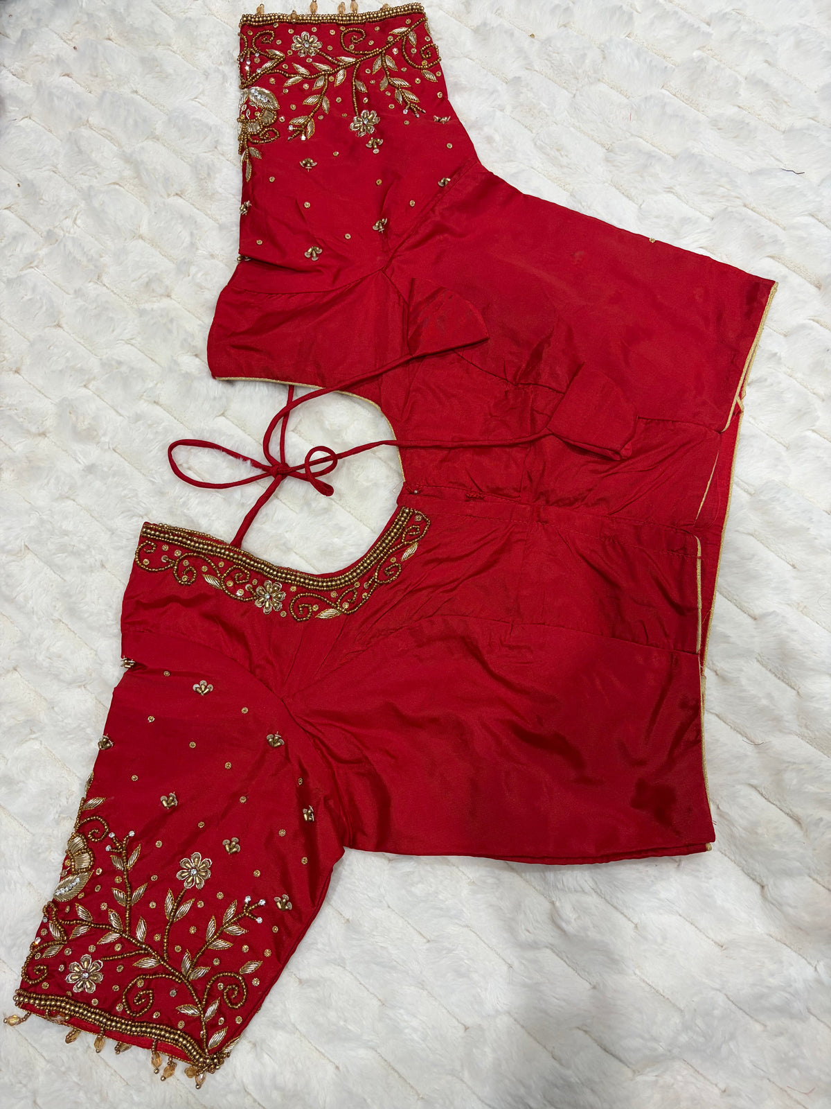 Red Boutique Stitched Vine Floral Maggam Work Saree Blouse - Side View