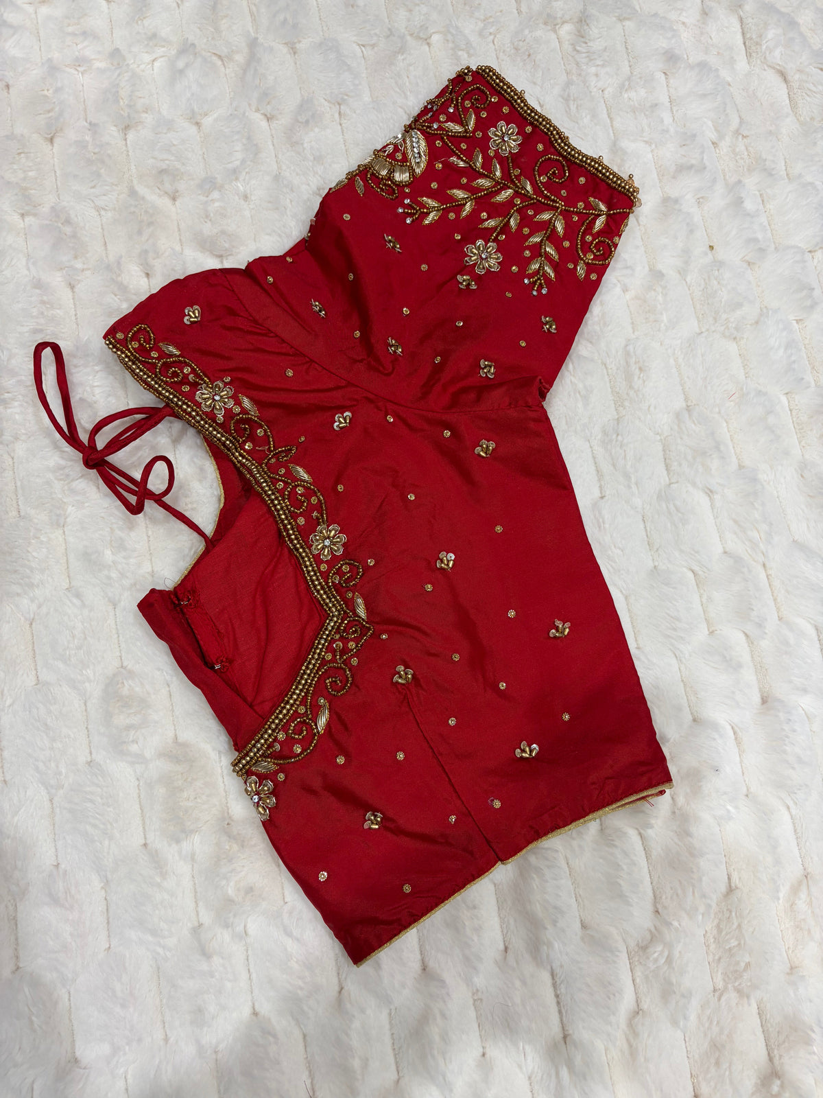 Red Boutique Stitched Vine Floral Maggam Work Saree Blouse - Back View