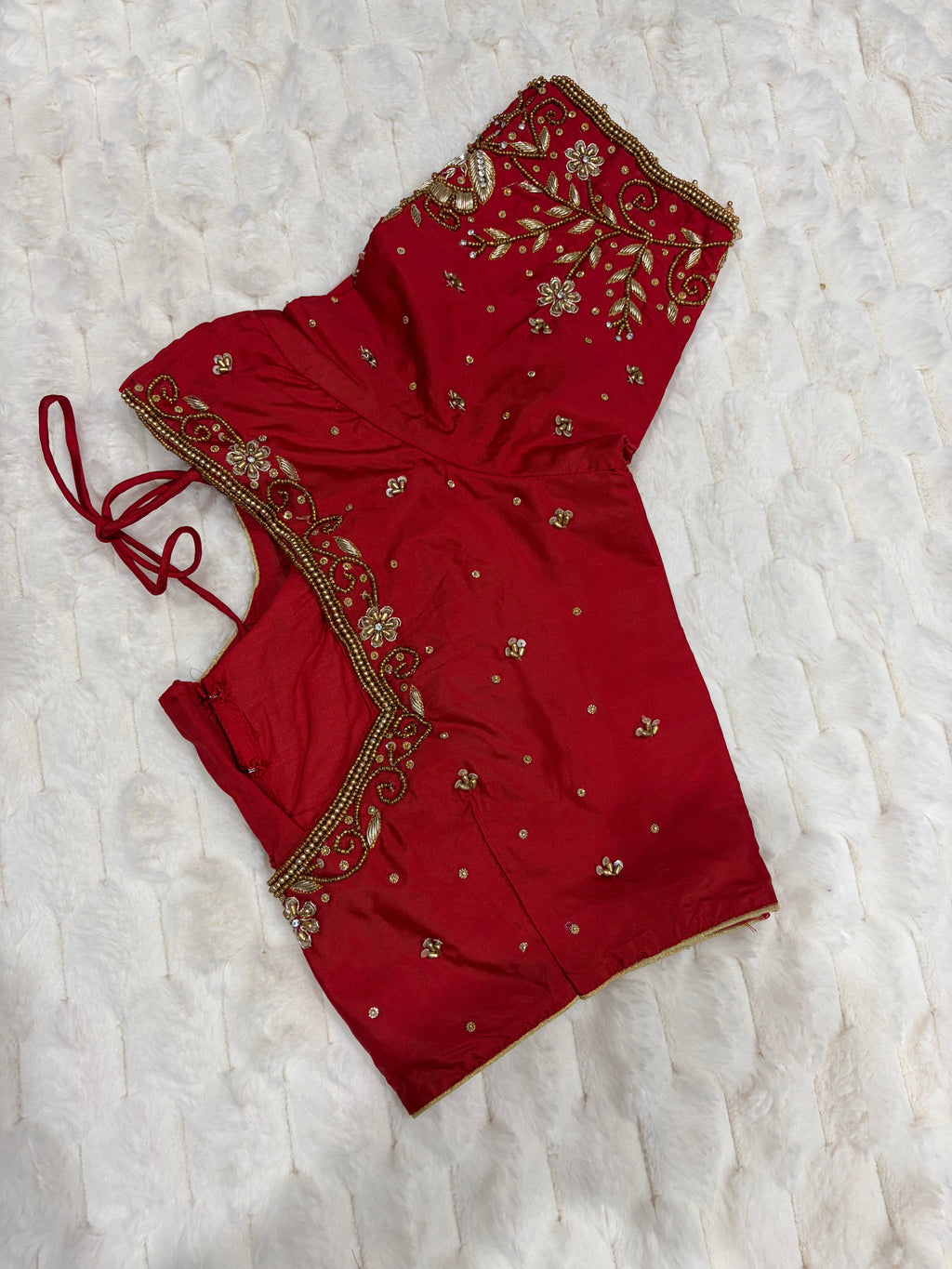 Red Boutique Stitched Saree Blouse - Back View