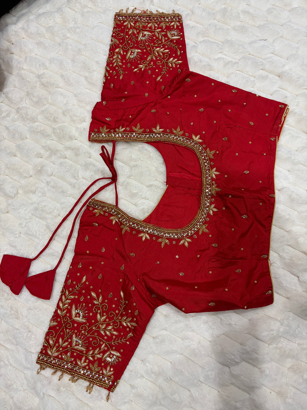 Red Boutique Stitched Maggam Work Saree Blouse - Back View