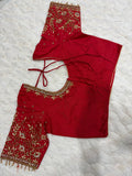Red Boutique Stitched Maggam Work Saree Blouse - Front View