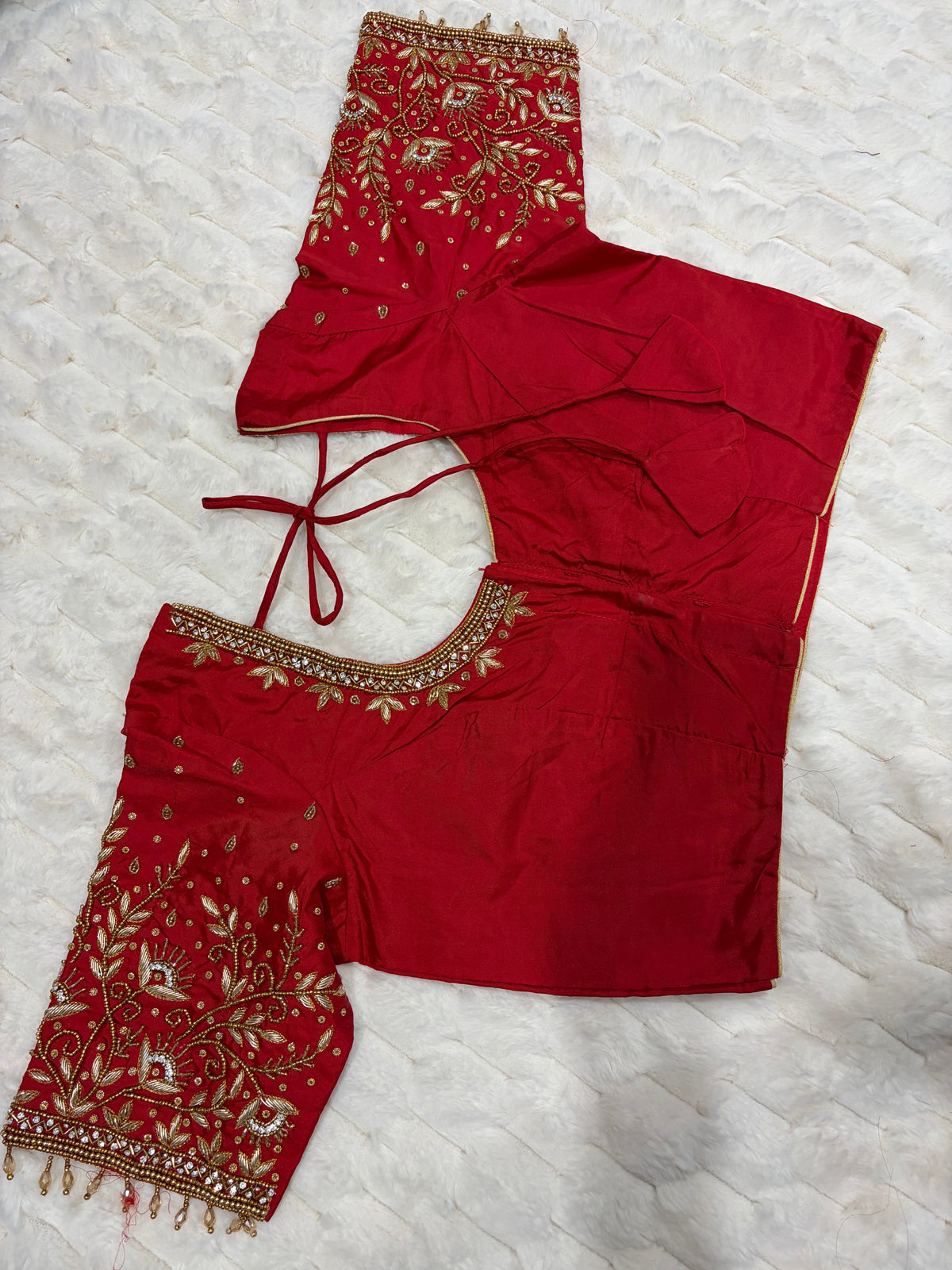 Red Boutique Stitched Maggam Work Saree Blouse - Front View
