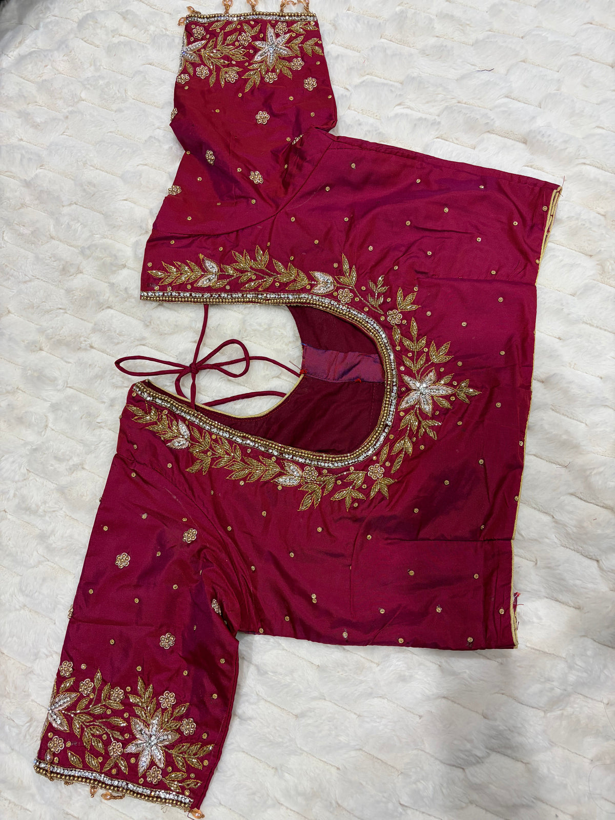 Wine Magenta Boutique Stitched Star & Leaf Maggam Work Saree Blouse - Front View