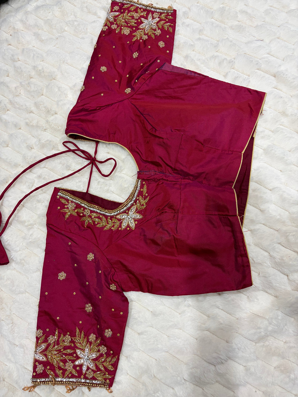 Wine Magenta Boutique Stitched Star & Leaf Maggam Work Saree Blouse - Side View