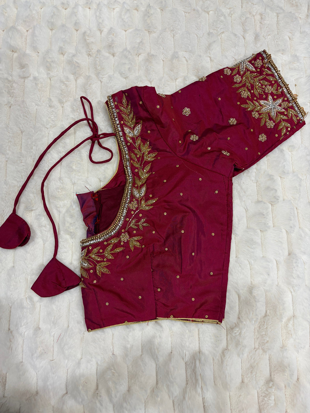 Wine Magenta Boutique Stitched Star & Leaf Maggam Work Saree Blouse - Back View