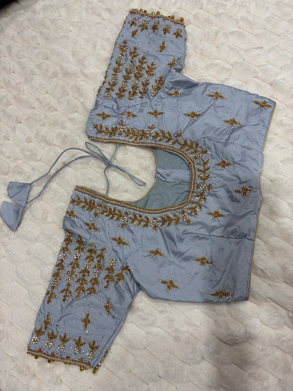 Powder Blue Boutique Stitched Vine & Pearl Maggam Work Saree Blouse - Front View