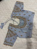 Powder Blue Boutique Stitched Vine & Pearl Maggam Work Saree Blouse - Front View