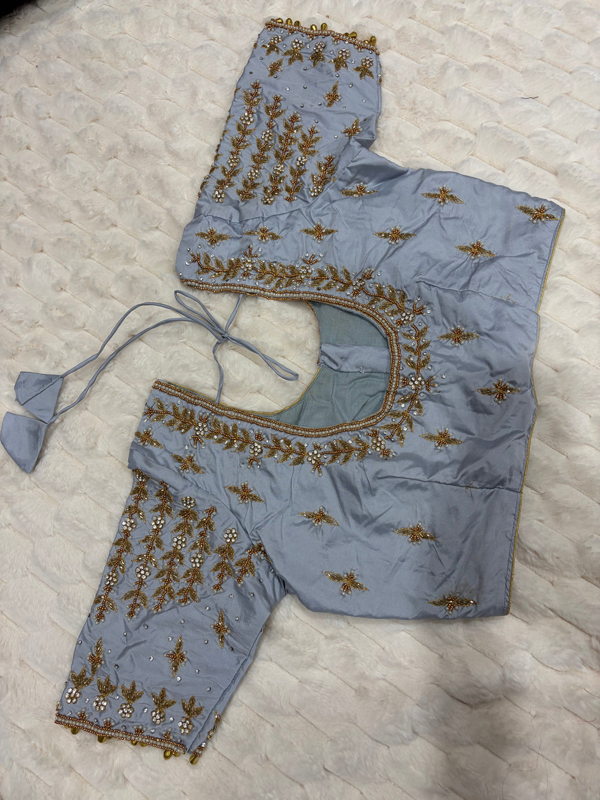 Powder Blue Boutique Stitched Vine & Pearl Maggam Work Saree Blouse - Front View