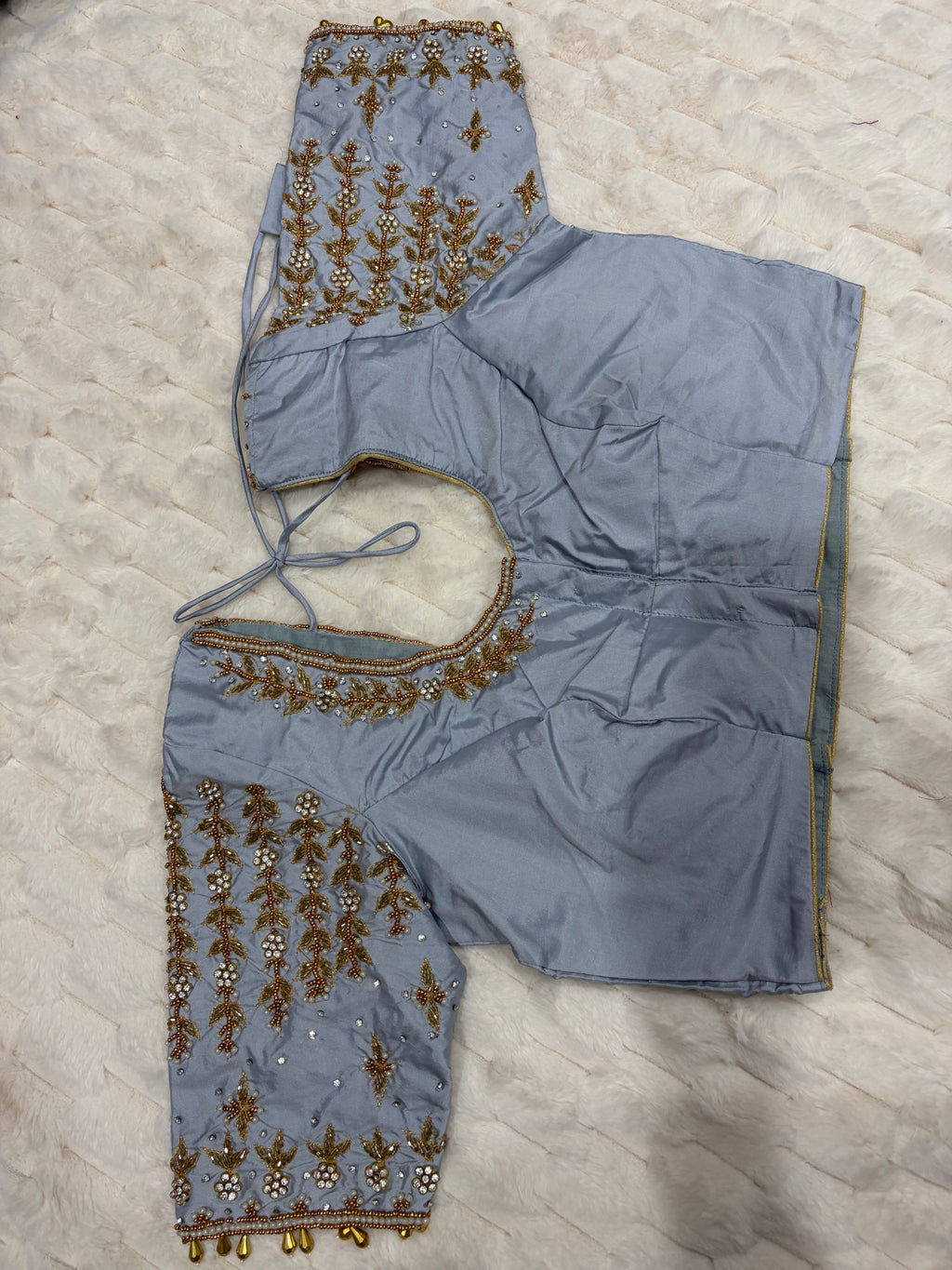 Powder Blue Boutique Stitched Vine & Pearl Maggam Work Saree Blouse - Side View