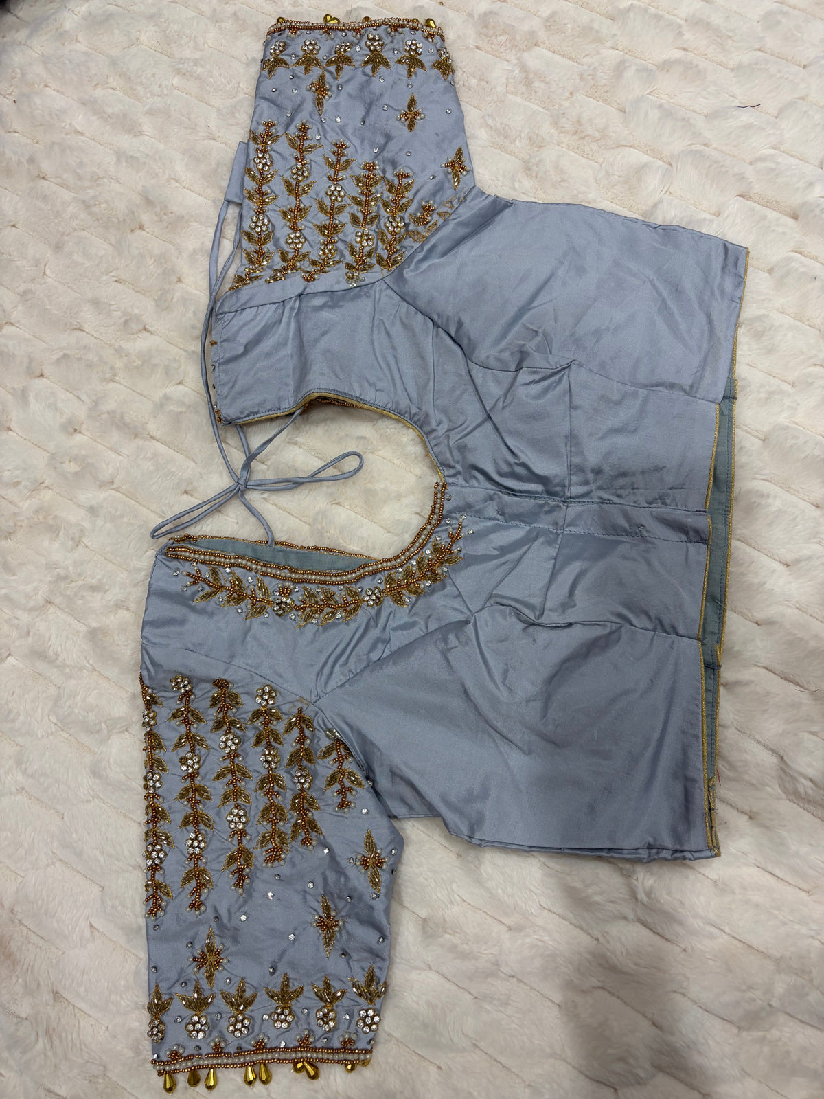 Powder Blue Boutique Stitched Vine & Pearl Maggam Work Saree Blouse - Side View