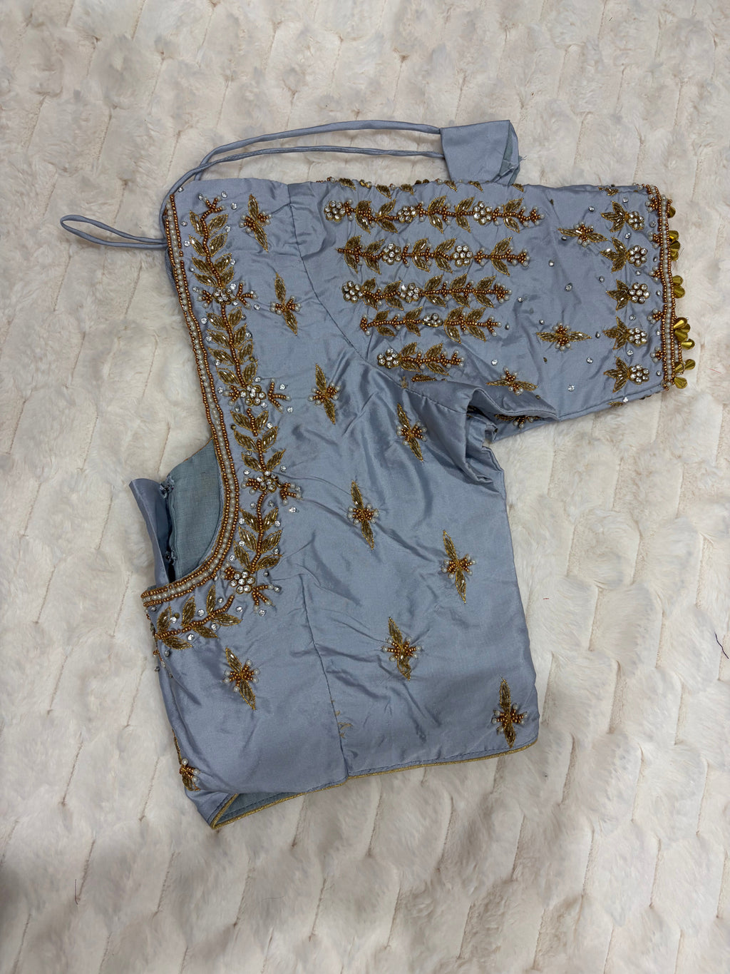 Powder Blue Boutique Stitched Vine & Pearl Maggam Work Saree Blouse - Back View