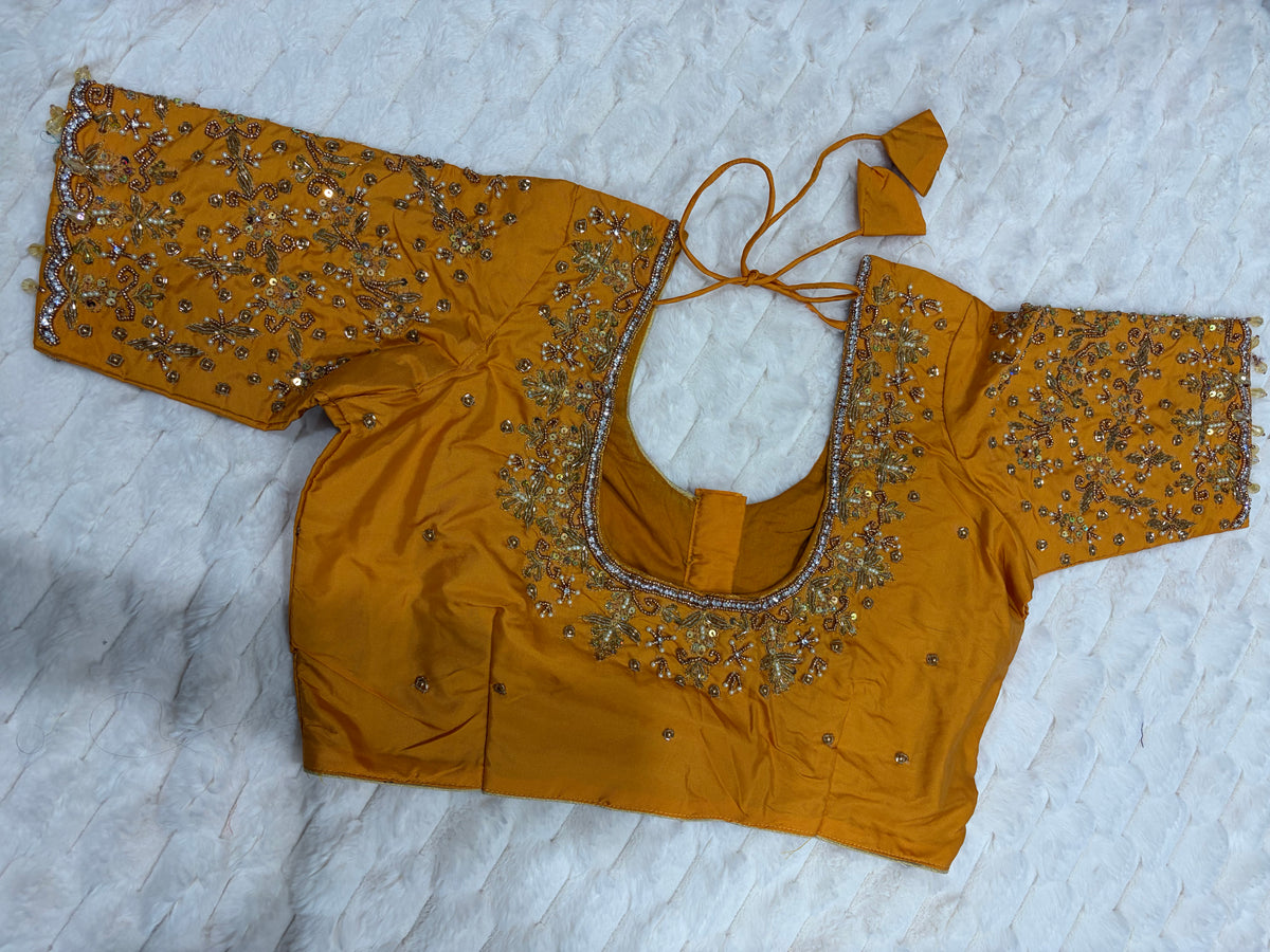 Mustard Yellow Boutique Stitched Sequin Floral Maggam Work Saree Blouse