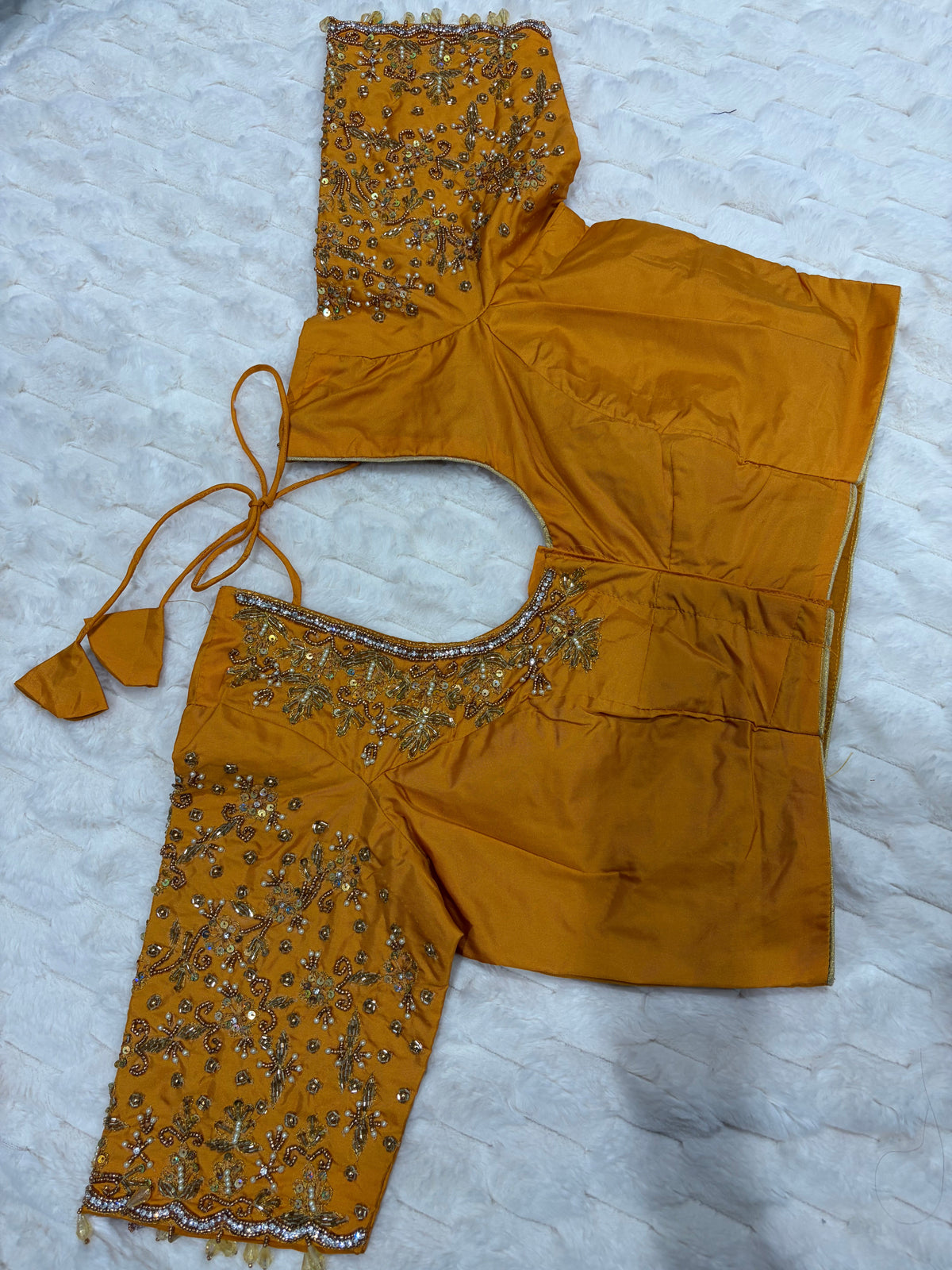 Mustard Yellow Boutique Stitched Sequin Floral Maggam Work Saree Blouse - Front View
