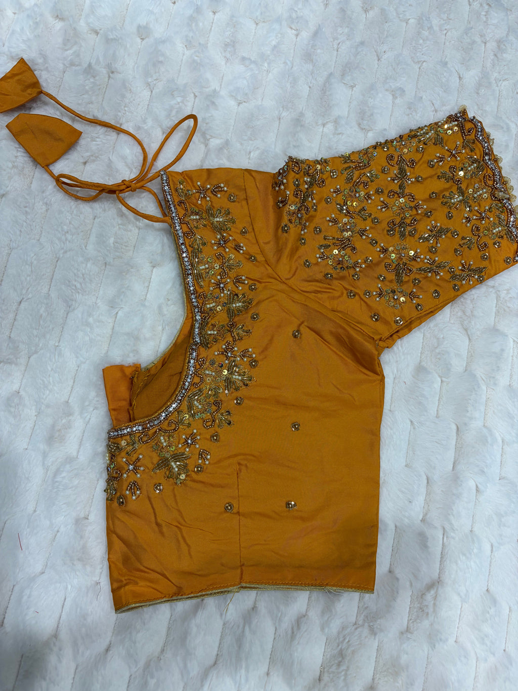 Mustard Yellow Boutique Stitched Sequin Floral Maggam Work Saree Blouse - Back View