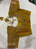 Olive gold net sleeve maggam work blouse - front view