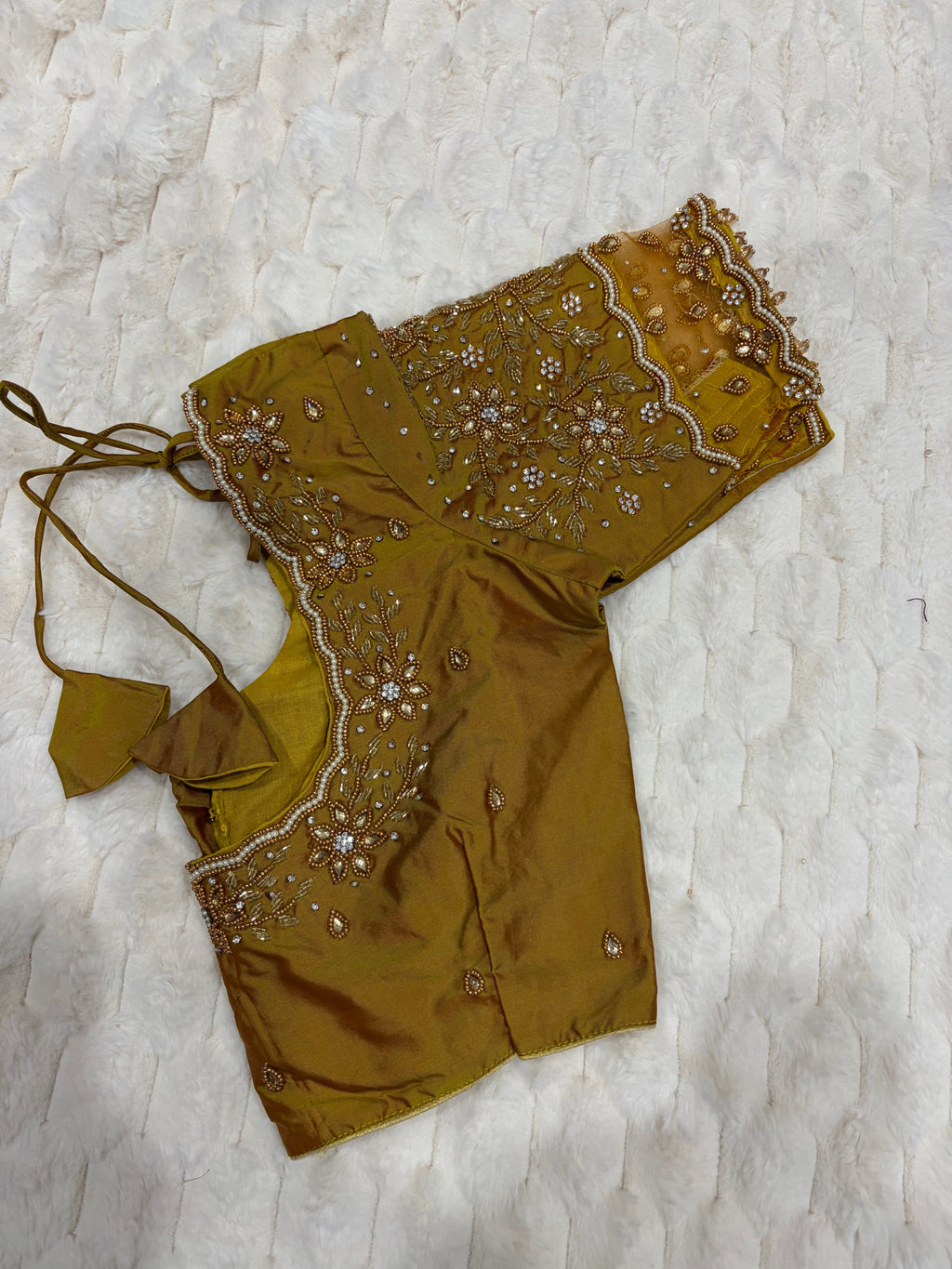 Olive gold net sleeve maggam work blouse - sleeve detail