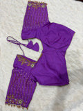 Violet purple waterfall bead maggam work blouse - front view