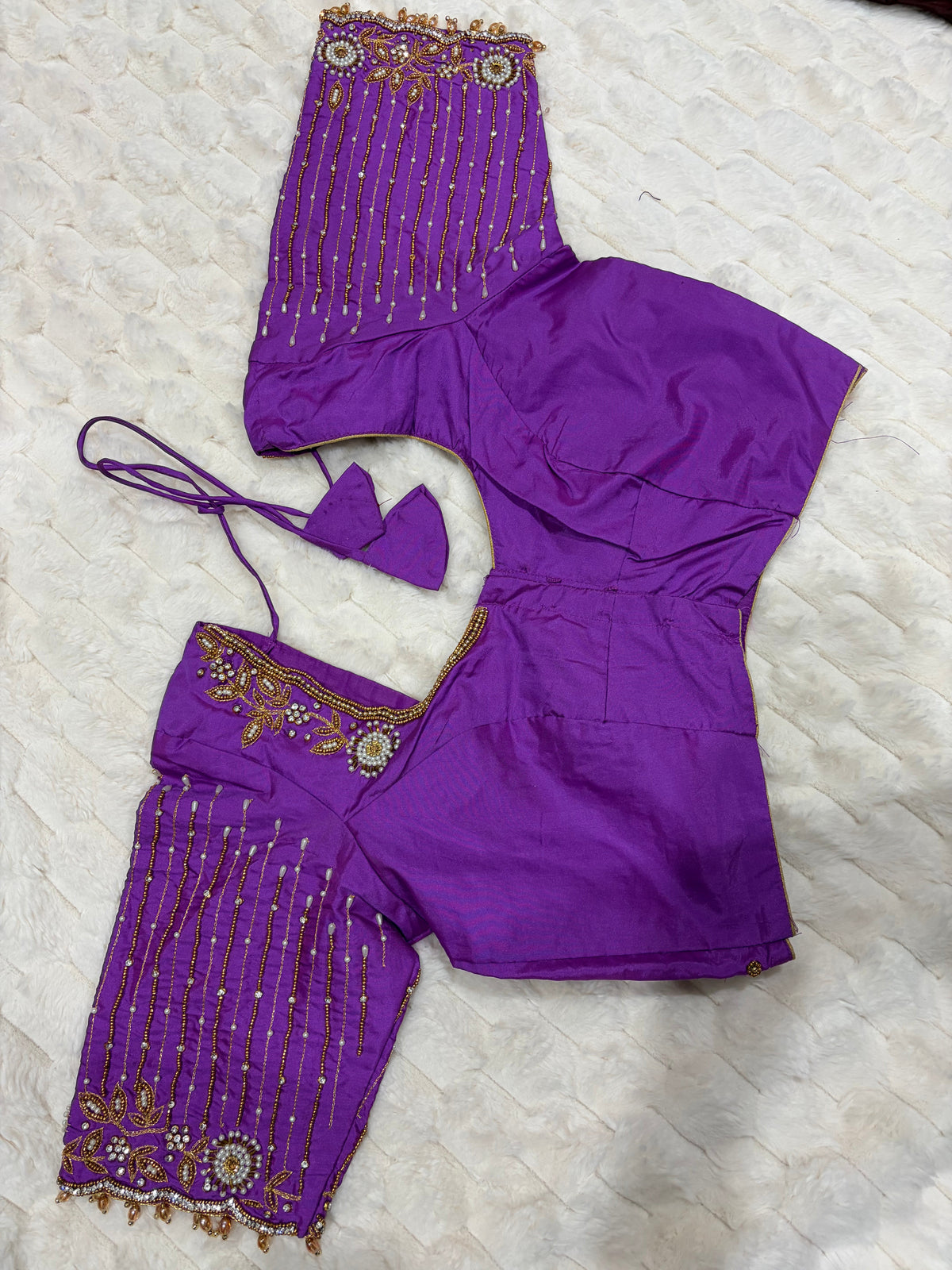 Violet purple waterfall bead maggam work blouse - front view