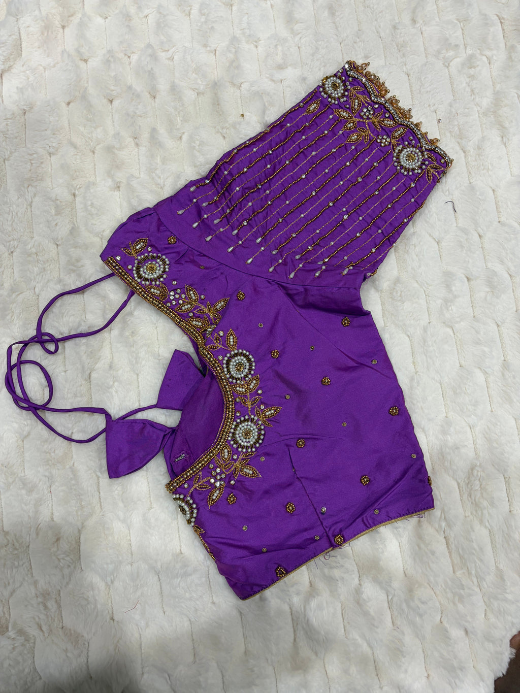 Violet purple waterfall bead maggam work blouse - sleeve detail
