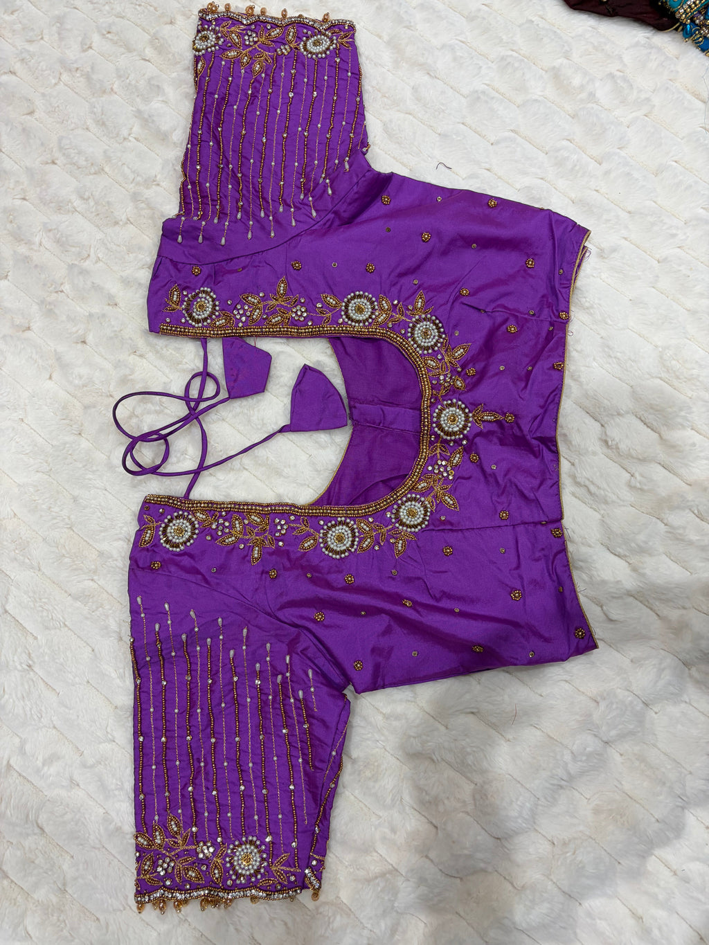 Violet purple waterfall bead maggam work blouse - back view