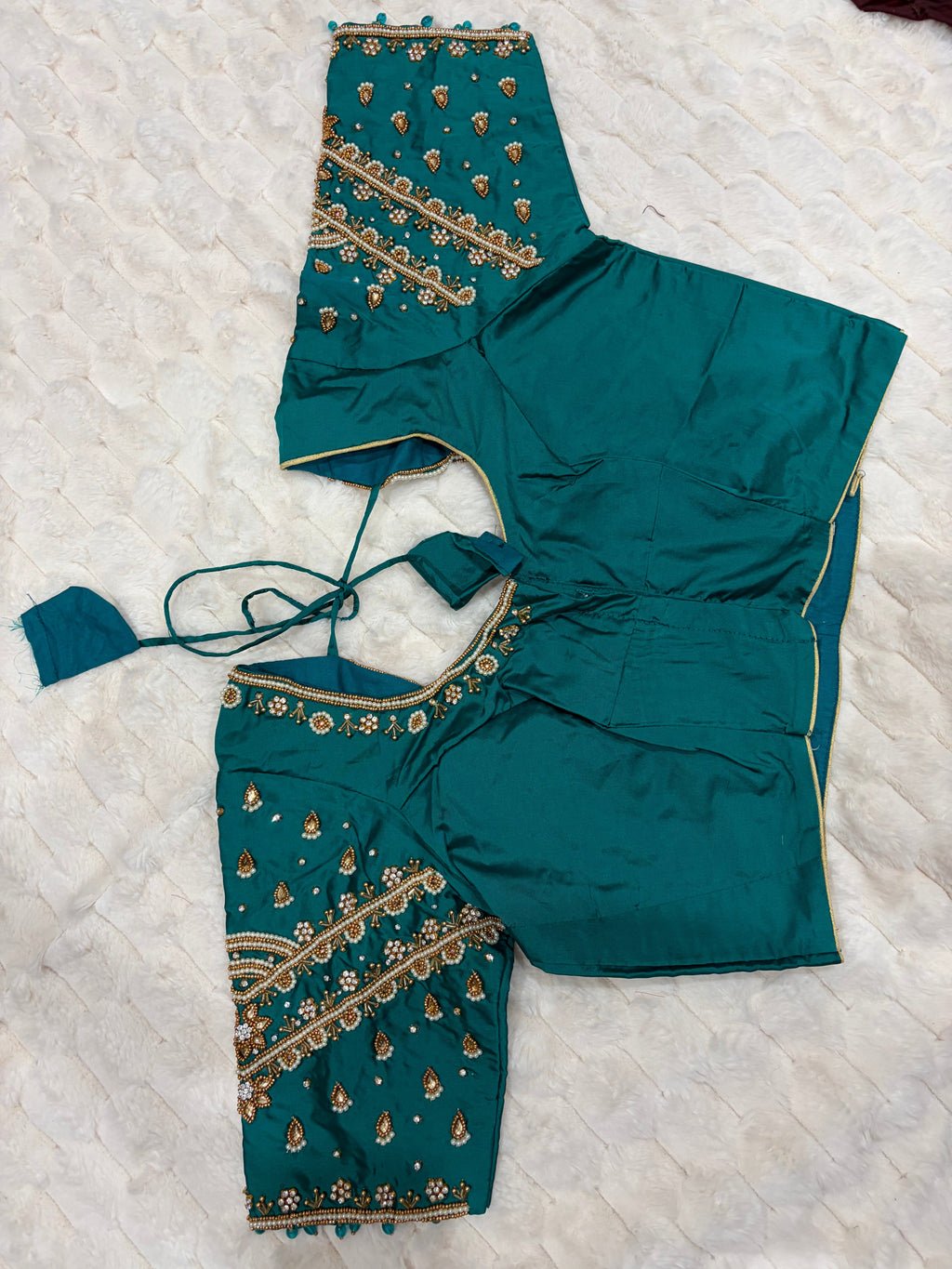 Teal green teardrop maggam work blouse - front view