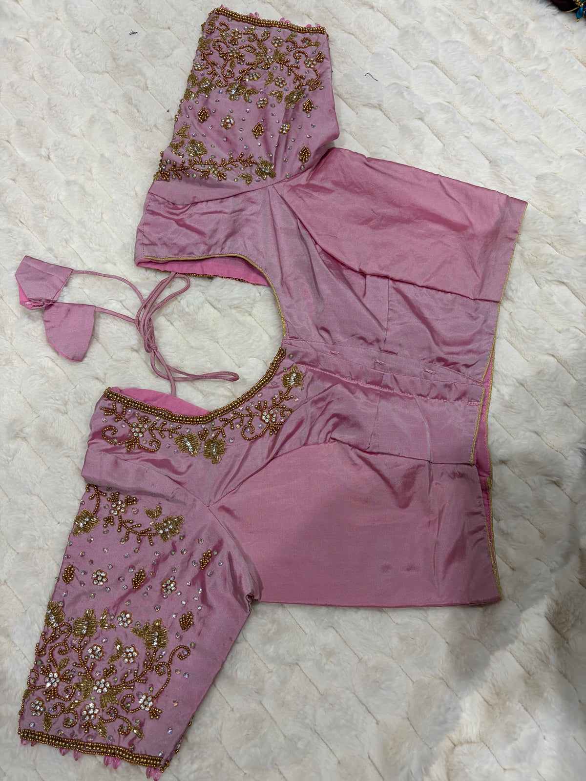 Pink Mauve Heavy Embroidery Saree Blouse - Back View