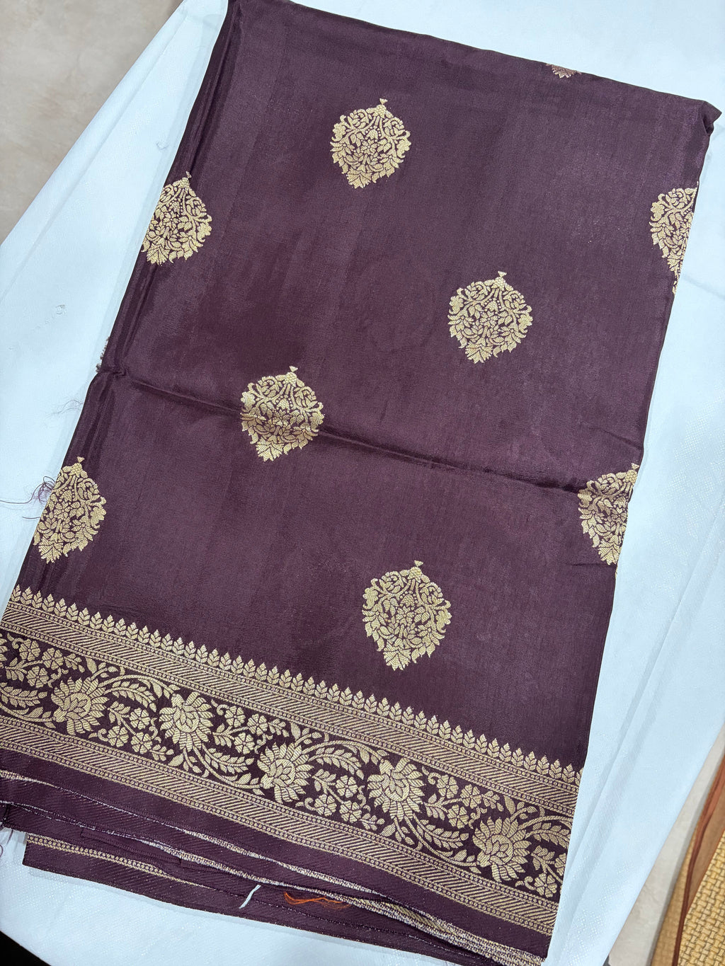 Dark Wine Crape Banarasi Saree - Full view showing butta pattern