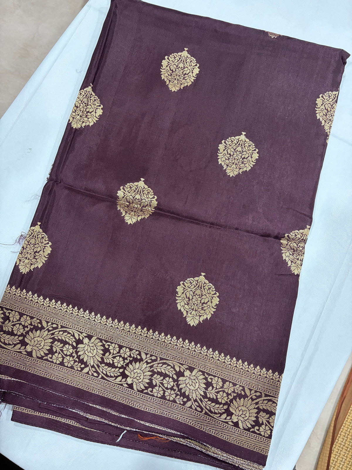 Dark Wine Crape Banarasi Saree - Full view showing butta pattern