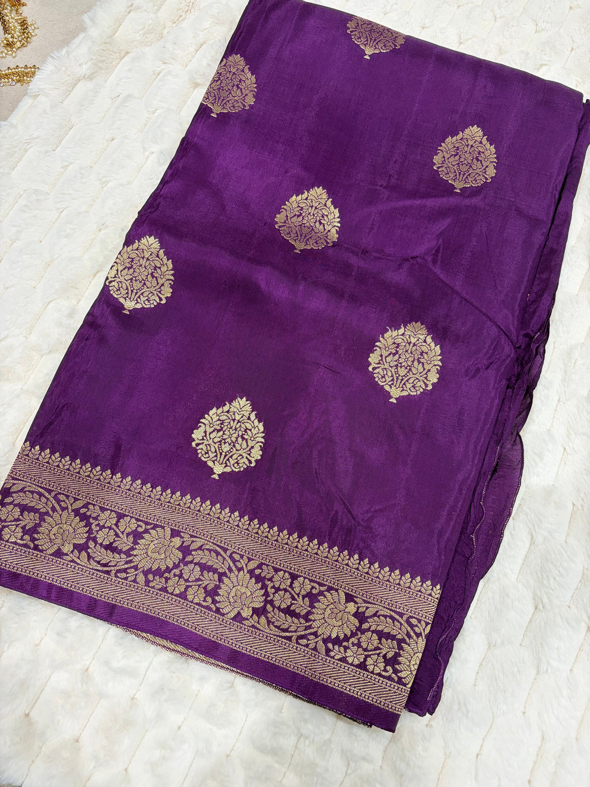 Purple Crape Banarasi Saree - Body view showing gold zari buttas