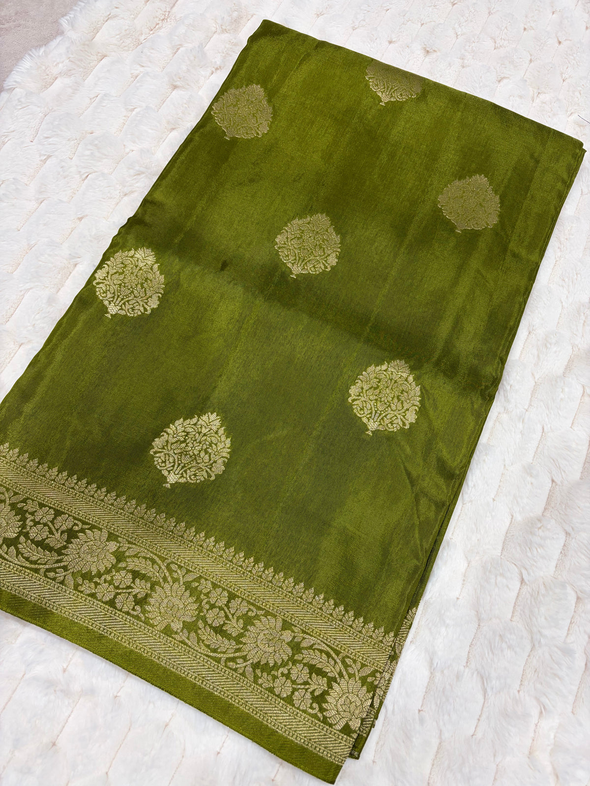 Olive Green Crape Banarasi Saree - Body view showing gold zari buttas