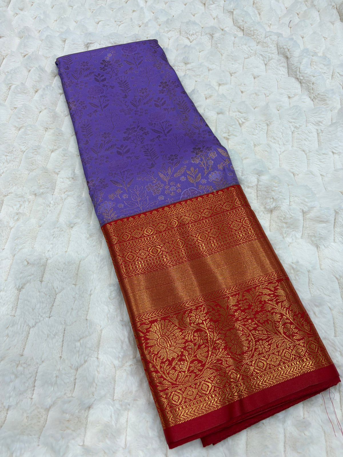 Purple and red Kanjivaram saree with stitched blouse - front view with blouse detail