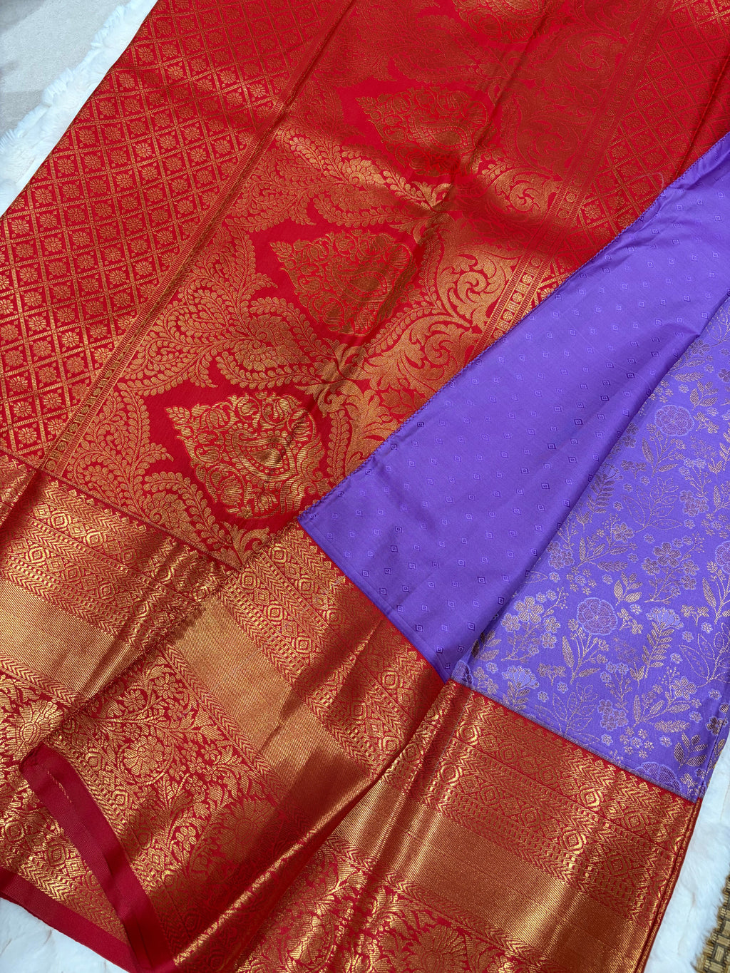 Purple Kanjivaram saree with red stitched blouse - back view showing piping detail