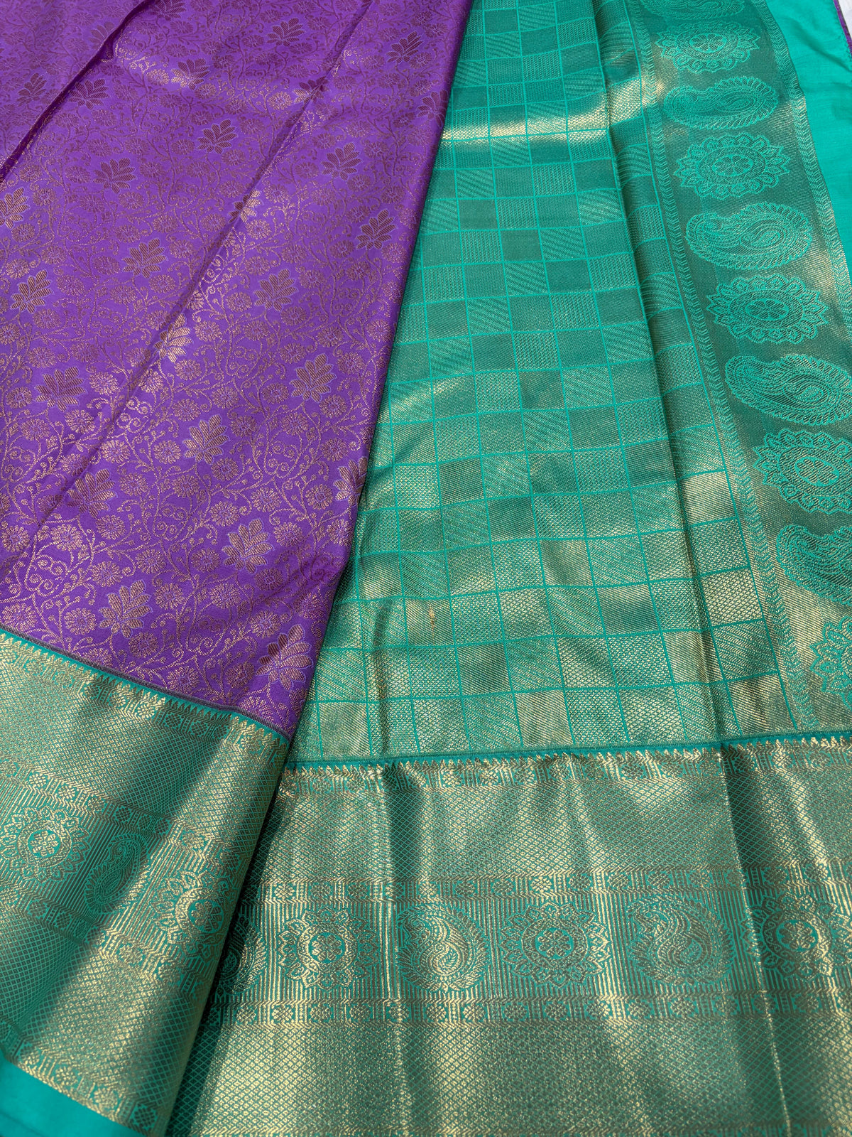 Purple & Teal Kanjivaram Silk Saree - Teal blouse back view