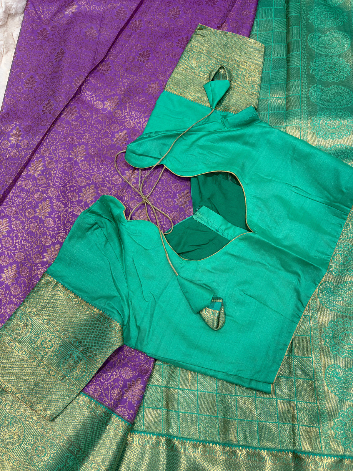 Purple & Teal Kanjivaram Silk Saree - Saree with blouse draped