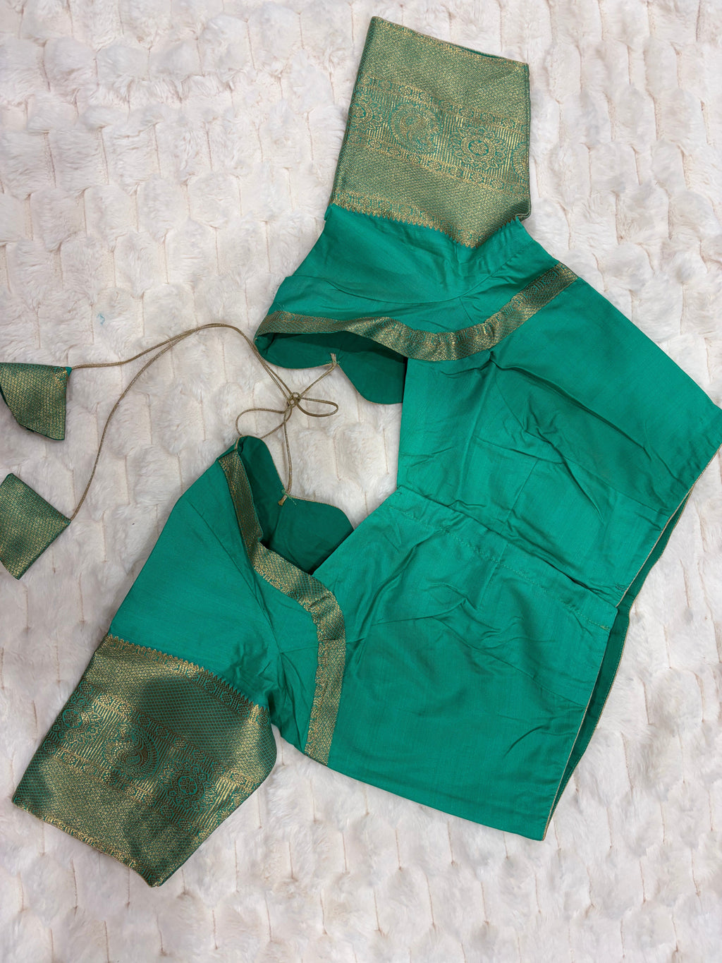 Magenta & Teal Kanjivaram Silk Saree - Teal blouse back view