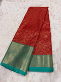 Red & Teal Kanjivaram Silk Saree - Teal blouse front view
