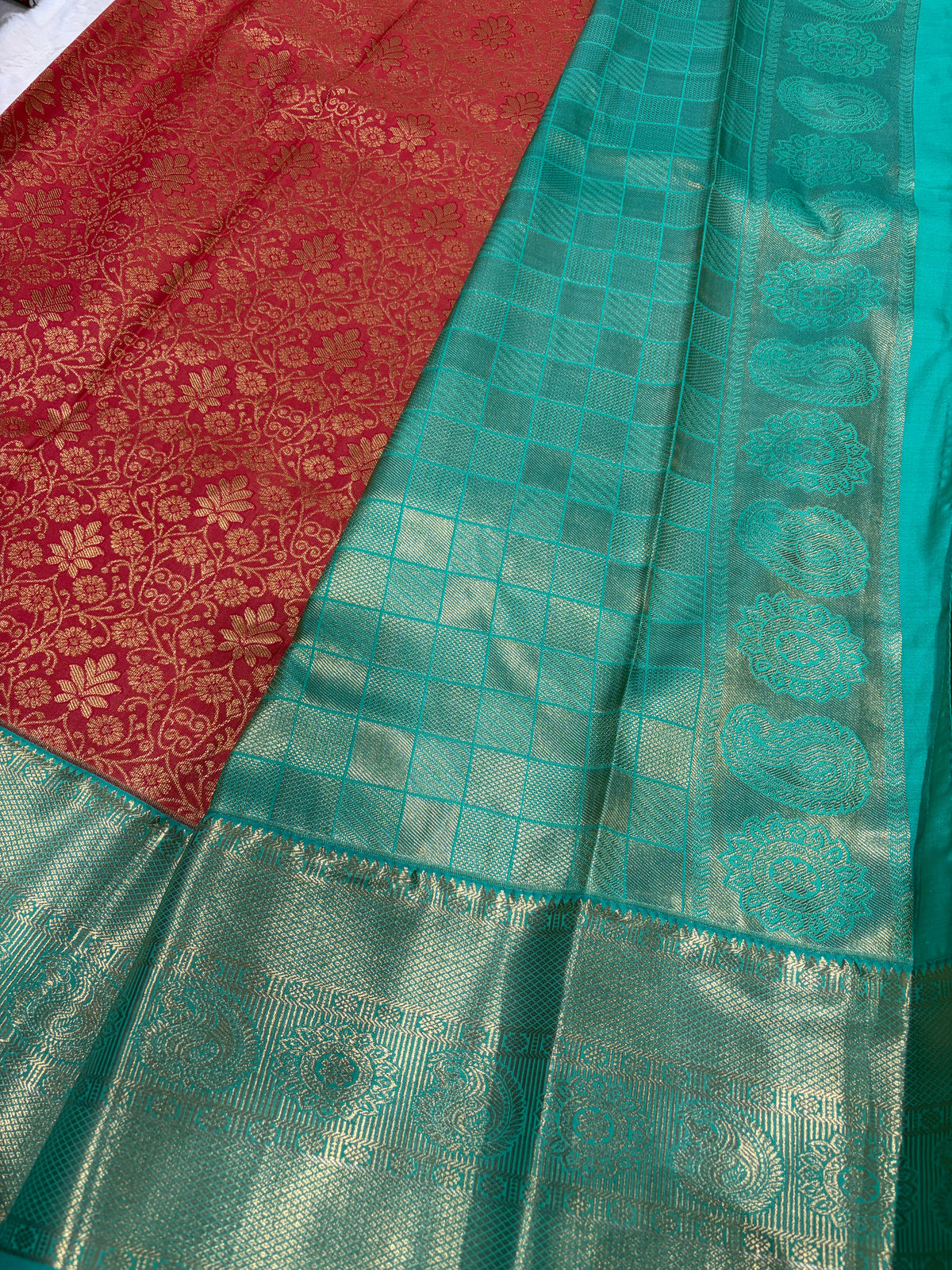 Red & Teal Kanjivaram Silk Saree - Teal blouse back view