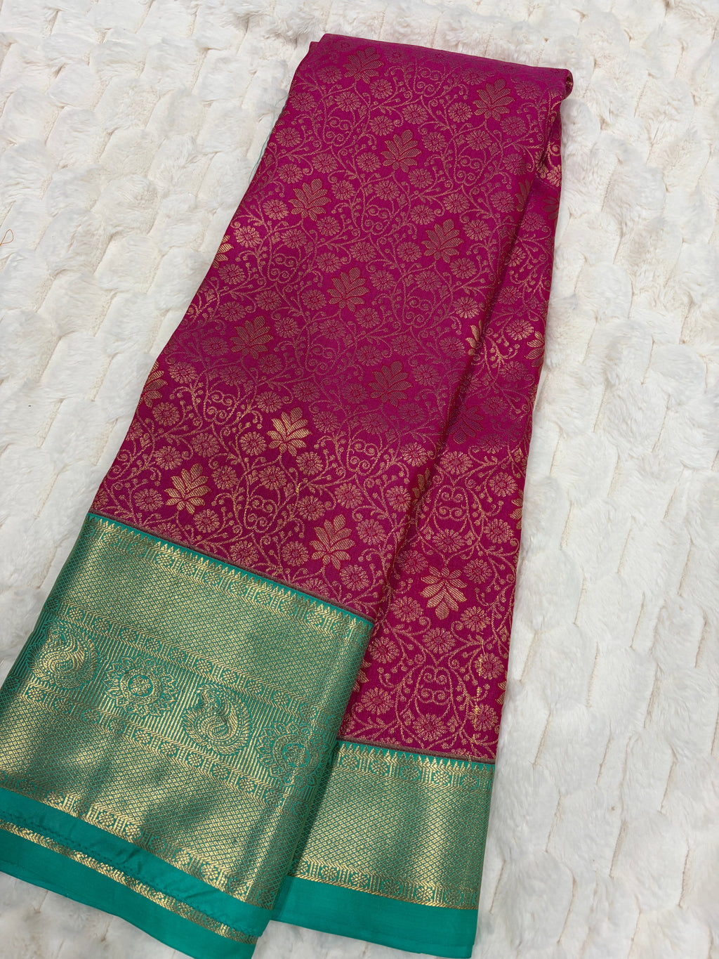 Magenta & Teal Kanjivaram Silk Saree - Folded saree full view