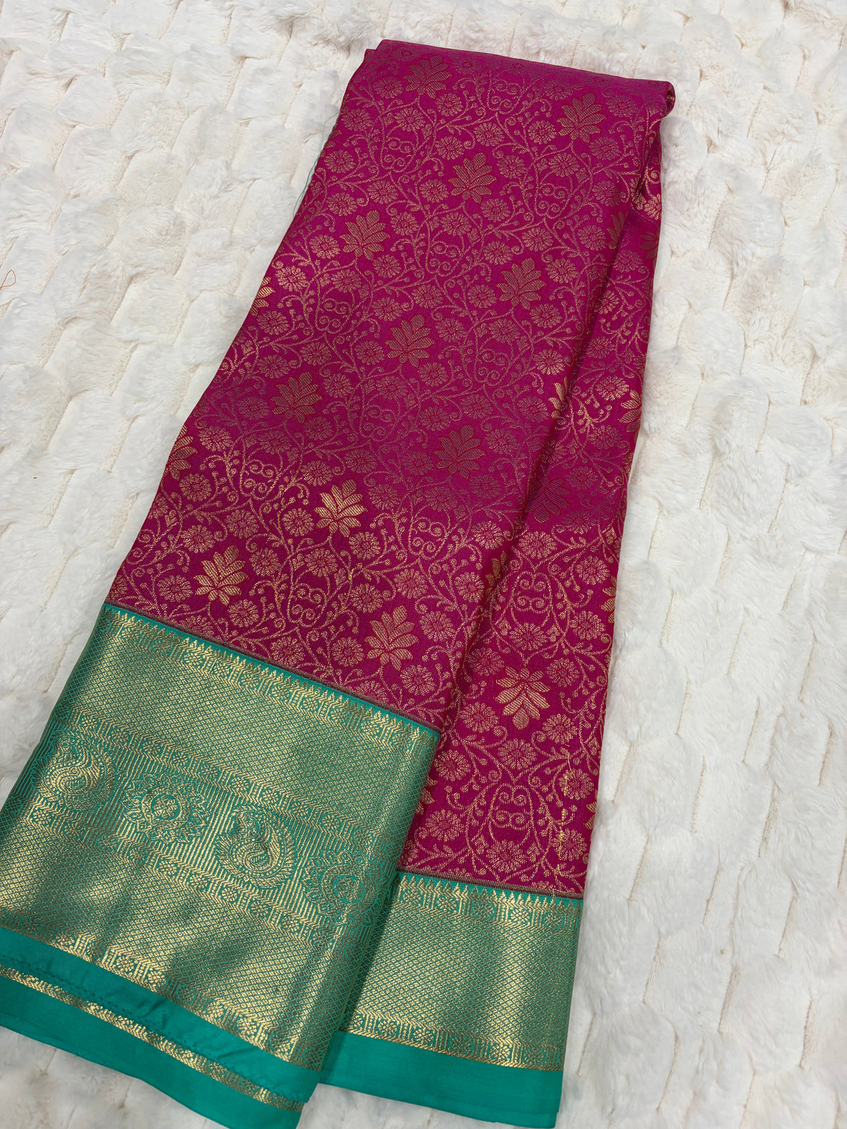 Magenta & Teal Kanjivaram Silk Saree - Folded saree full view