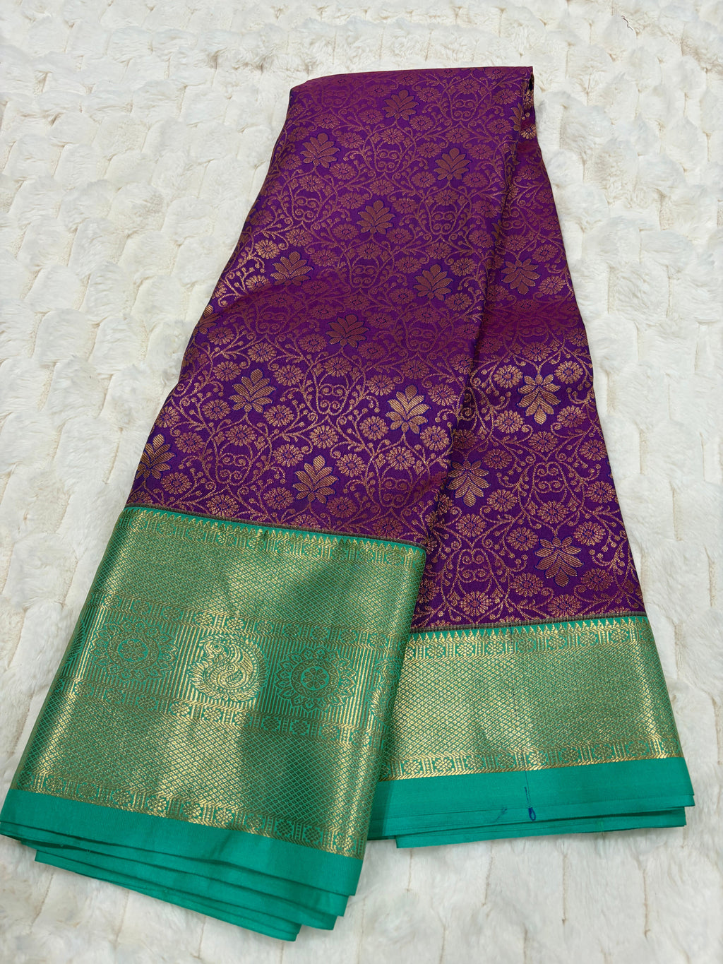 Purple & Teal Kanjivaram Silk Saree - Folded saree full view