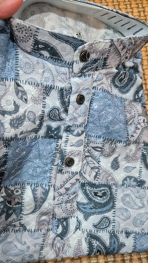 Boys Blue Paisley Patchwork Print Kurta Pyjama Set