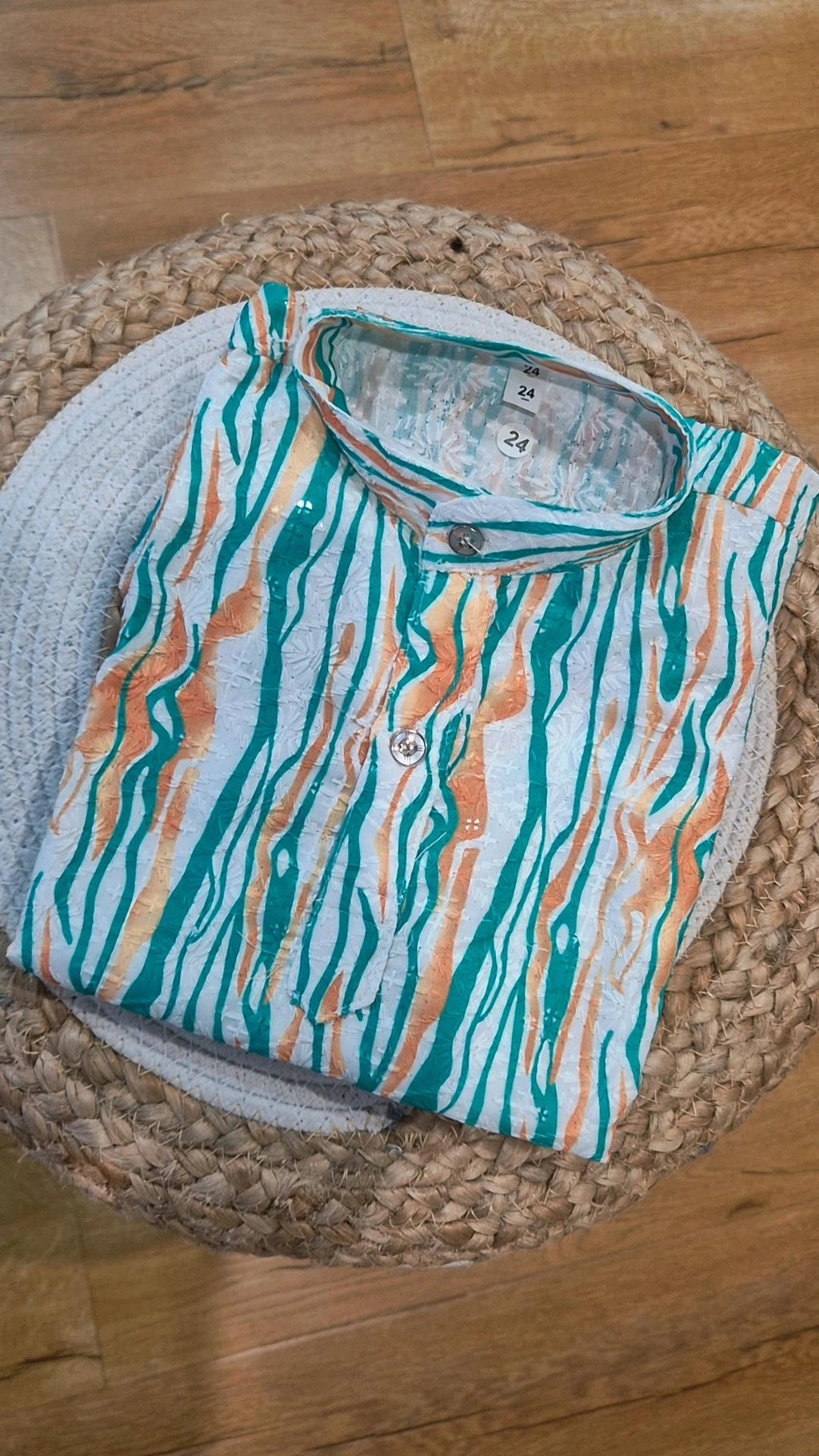 Boys Teal Wavy Stripe Digital Print Kurta Pyjama Set