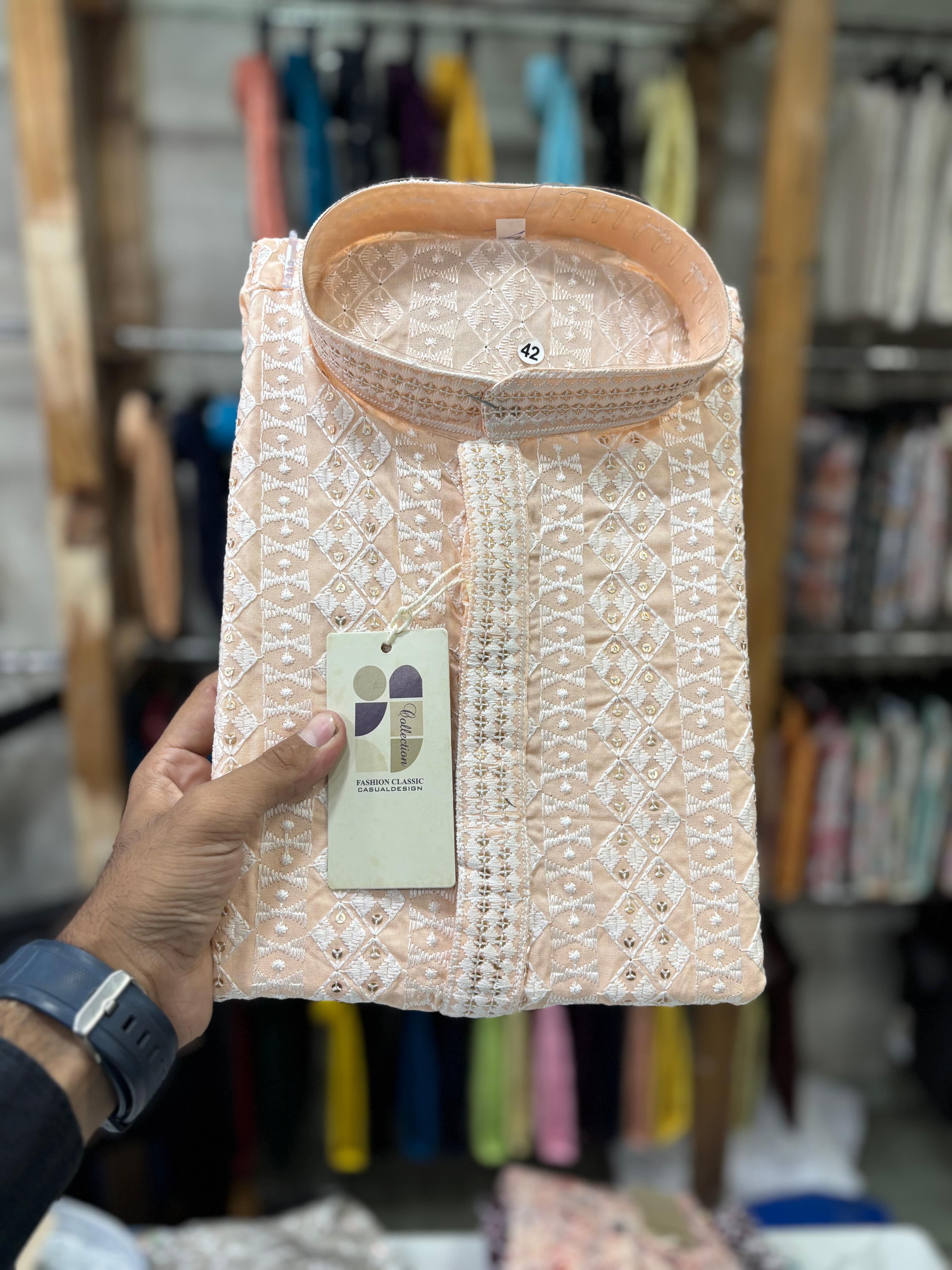 Men's Peach Chikankari Embroidery Kurta with White Pant Set
